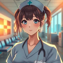 a poster of a cute nurse in nurse uniform, hospital ward, sunrise lighting, perfect faces, max details, anime, realistic, 8 k, hdr, by stephan koldi