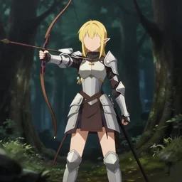 isekai beautiful anime girl armored elven archer standing in dark forest. flat face. aesthetic, golden ratio. beautiful lineart, depth focus, rankings pixiv, artstation, soft lighting, artistic pose, artstation, character concept, cinematic, motion blur, chromatic abberation. by trent kaniuga, kienan lafferty