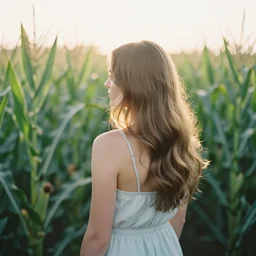 photograph of a beautiful!!! woman! from the back in a tall!! green corn field by mark owen. pastel colors. kodak portra 4 0 0 film. whirl bokeh. mamiya 7. highly detailed. hq. photoreal. golden hour. lens flare. raw. in - frame