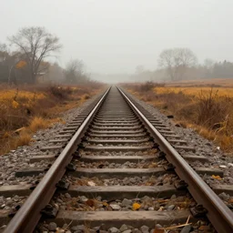 usty old railroad rails in the steppe autumn field misty background from the game pathologic 2 highly detailed sharp focus matte pai