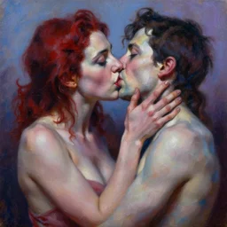 highly detailed and textured painting of a deformed anatomical portrait of kissing man and woman, emotionally expressive, artistic pose, highly detailed impasto oil painting, soft light 1 6 k, red, blue, and purple colour palette, cinematic composition, cinematic lighting, sharp focus, masterpiece by adrian ghenie and jenny saville,