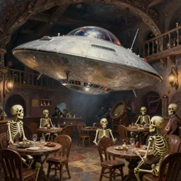 classic oil painting, a flying saucer ufo spacecraft, inside a cluttered medieval tavern, skeletons, highly detailed, digital illustration, concept art, smooth, sharp focus, art by tim hildebrandt, and greg hildebrandt