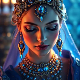 photo of wonderful princess of sapphire with fair skin, she has her eyes closed, glowing, ornate and intricate blue jewelry, jaw dropping beauty, eyepopping colors, dynamic lighting, glowing background lighting, blue accent lighting, photorealistic, hyper detailed, award winning photography, 4 k octane render