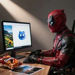 ryan reynolds as deadpool browsing discord on his computer, bag of doritos on desk, photograph