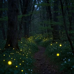 fireflies in deep woods inspired by Evgeny Lushpin,flower meadow,spring,cinematic,trending on ArtStation