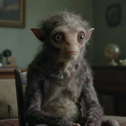 a strange creature sits in the home room, film still from the movie directed by Denis Villeneuve with art direction by Zdzisław Beksiński, close up, telephoto lens, shallow depth of field