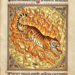 tiger fire with many legs flying in a medieval manuscript, medieval manuscript, golden miniatures