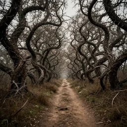 A narrow dirt path through giant twisting briars and thorns, game art matte painting hyperdetailed, artstation, cgsociety, 8k, surreal dream landscape