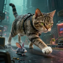huge 🐈 hunting, by mark ryden in cyberpunk environment, 4 k ultra high resolution, cat chasing mouse, horror, long camera shot, small 🐭 fleeing