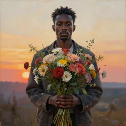 a messy painting of a black man holding a bouquet of flowers, by delphin enjolras, front on, sunrise background, a new dawn, highly detailed, sharp focus, cinematic, trending on artstation