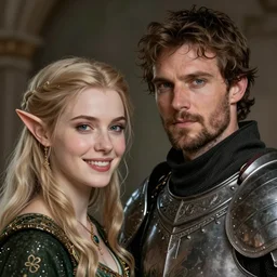 portrait of a human knight with his elven wife smiling, fantasy, medieval, sharp focus, realistic, concept art, trending, high detail, elegant woman, intricate facial detail, masterpiece, high resolution, man, woman