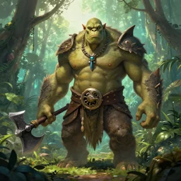 giant orc and angler - fish hybrid beast holding an axe : : fantasy style : : jungle scenery