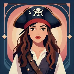 smart female pirate captain 2 6 years old, 1 9 4 0 s haircut, fully clothed, wise, beautiful, portrait by stanley artgerm, dramatic lighting, trending on artstation, flat colour, geometric curves, gradient filter, art deco pattern, sharp focus