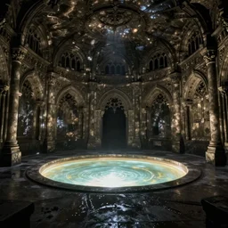underground round room, high ceiling like a cathedral, round glowing pool in the centre, granite walls intricate carved, damp, dark, gothic, victorian by brian froud and giger, cinematic lighting, epic