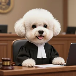a closeup photorealistic illustration of a smiling bichon frise judge wearing a black gown at the bench and commanding the courthouse. this 4 k hd image is trending on artstation, featured on behance, well - rendered, extra crisp, features intricate detail, epic composition and the style of unreal engine.