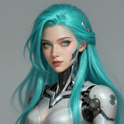 portrait of a young ruggedly beautiful but joyful cyborg, female, femenine, upper body, aquamarine color hair, long hair, d & d, fantasy, piercing eyes, intricate, elegant, highly detailed, digital painting, artstation, concept art, matte, sharp focus, illustration, art by artgerm and greg rutkowski and alphonse mucha