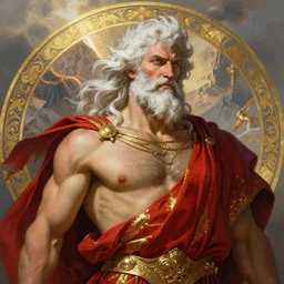 painted portrait of rugged zeus, god of thunder, greek god, white hair, masculine, mature, handsome, upper body, red and gold, flowing, mountain, muscular, hairy torso, fantasy, intricate, elegant, highly detailed, digital painting, artstation, concept art, smooth, sharp focus, illustration, art by gaston bussiere and alphonse mucha