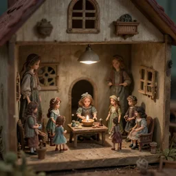 tiny humans living inside a dollhouse. folk horror. detailed