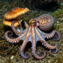 a beautiful nature photograph of a mushroom octopus with curling tentacles
