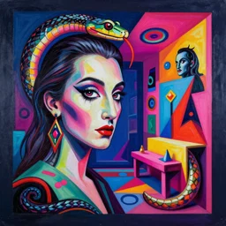 “A surreal neon painting of a woman’s face and a snake futuristic picasso rooms in 3 point perspective by hr giger and Vladimir kush and dali and kandinsky, 3d, realistic shading, complimentary colors, vivid neon colors, aesthetically pleasing composition, masterpiece, 4k, 8k, ultra realistic, super realistic”