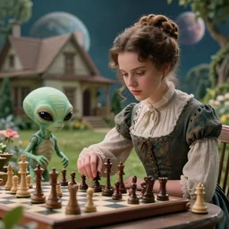 detailed, sharp, a girl playing chess with a cute humanoid alien, wearing 1850s era clothes, in the garden of a house on an alien planet, extremely highly detailed,  highly detailed faces, 70 mm film still from a period sci fi color movie, 4k, HD, good lighting