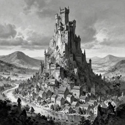 towering crooked ancient fantasy town, artstation, artgerm, by frank frazetta, by peter bruegel the elder, by takato yamamoto, rolling hills, river, townscape, black and white