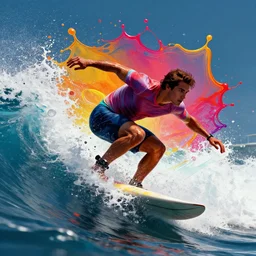 surfing splash art graphic design color splash high contrasting art, fantasy, highly detailed, art by greg rutkowski