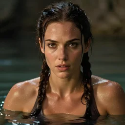 a film still of lara croft, close up face, muscular, drenched body, photography, wet dripping hair, emerging from the water