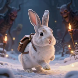 close-up portrait of little bunny wearing a little backpack hopping through the snow, winter scene fantasy, fireflies, torch light, scary creatures in background, intricate, elegant, highly detailed, centered, smooth, sharp focus, Donato Giancola, Joseph Christian Leyendecker, WLOP, Boris Vallejo, Artgerm
