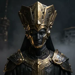 a dark sci fi matte painting portrait of a hard surface shadow priest wearing a massive ornate headdress made of realistic metal and sci fi armor, art deco, cinematic lighting, smooth, dark sci fi, unreal engine, octane render, by vitaly bulgarov, golden rule, subject in center of frame, fog volumes, cgsociety