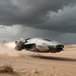 concept design of a high speed hovering land vehicle racing through a grey desert, storm clouds in the background, golden ratio, soft natural lighting natural colors, sci - fi vehicle, bright propulsion, motion blur, by sid mead simon stalenhag and james gurney, intricate detail, octane render, unreal engine