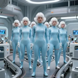 group of weird athletic humans with light blue neoprene suits and white hair standing in tight formation on a conveyor belt, advanced futuristic laboratory, sci - fi, highly detailed, hyperrealistic
