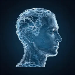 icon of a realistic human head made out of water, water art manipulation, dark background