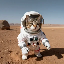 gopro footage of a kitten wearing a realistic spacesuit on mars