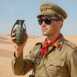 a painting of a solidier with sunglasses, red ascot and a field cap, holding a hand grenade in the desert high details