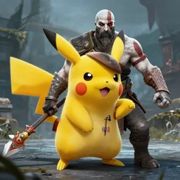 pikachu god of war screenshot from god of war detective pikachu as a kratos holding weapon cgsociety 8 k