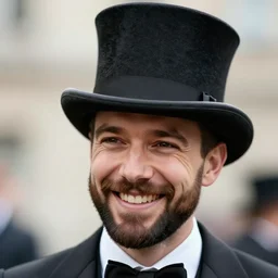 a color photo of a smiling man with a beard wearing a top hat
