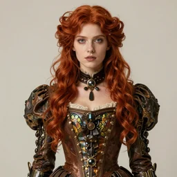 portrait of beautiful woman, red hair, steam punk dress, sharp focus, high detailed, concept art, caustics, alphonse mucha