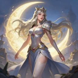 moon princess in battle concept art, digital illustration, trending on artstation, epic composition, scenic background, 8 k uhd, masterpiece, league of legends splash art, highly detailed, perfect lineart