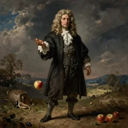 Isaac Newton dropping a apple on the ground in the style of Rene Magritte
