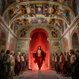 the sistine chapel breaks open in half in the ceiling as a red magical portal from hell opens up, lucifer morningstar emerges along with hordes of demons, the priests and the pope look at the scene with terror in their eyes. highly detailed painting by gaston bussiere, greg rutkowski, craig mullins 8 k
