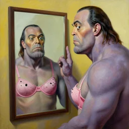 a beautiful painting thanos wear a cute bra and look in the mirror, by salvador dali realistic oil painting
