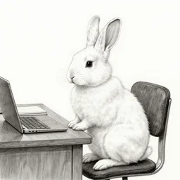 drawing of a white rabbit, sitting at a desk, Beatrix Potter