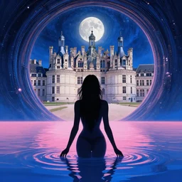 silhouette of a sexy woman emerging from pink and royal blue water in cyberpunk theme looking at an opening interstellar portal to renaissance italy, the portal opens to chateau de chambord during a blood moon, intricate, elegant, by greg rutkowski, vincent van gogh, conrad roset, takato yomamoto, james jean, rule of thirds, seductive look,
