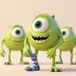 3 d render of mike wazowski putting his socks on, soft lighting, pleasant