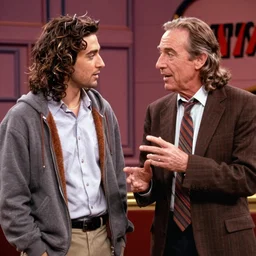 Photo still of Jesus Christ in 1990s clothing talking with young Jerry Seinfeld, in the style of the TV show Seinfeld (1994)