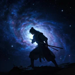 cinematic shot of a warrior bending light, night sky cosmos, digital art, artwork by greg rutowski