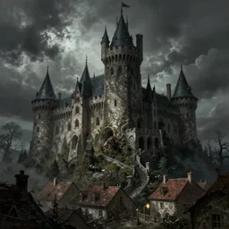 castle and town, horror, dnd, highly detailed, smooth, sharp focus, chiaroscuro, digital painting, artgerm and greg rutkowski and alphonse mucha