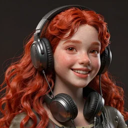 complicated dynamic composition,realistic style at CGSociety by WLOP,Greg Rutkowski,trending on artstation. Zbrush sculpt colored,Octane render in Maya and Houdini VFX,realistic close-up face of cute young redhead girl, expressing joy, dress,headphones,silky hair, deep eyes.Amazing textured brush strokes.Cinematic dramatic atmosphere,sharp focus, soft volumetric studio lighting.