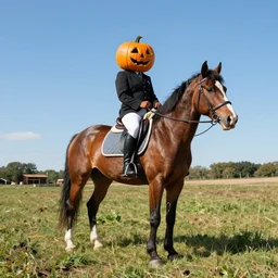 horseman with a pumpkin head, photorealistic, colorful, wide angle portrait